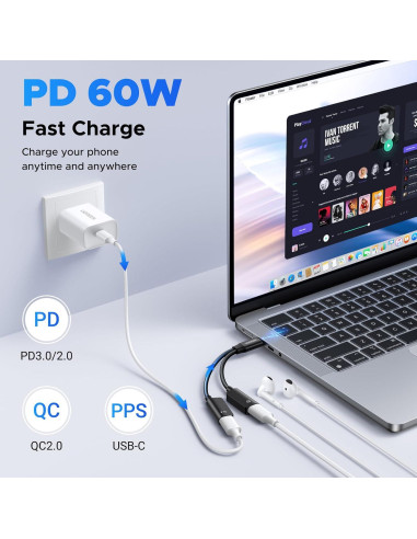 Adaptador USB C UGREEN 1 en 2 Audio y Carga 60W PD
