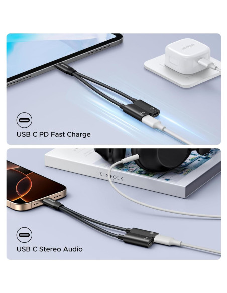 Adaptador USB C UGREEN 1 en 2 Audio y Carga 60W PD