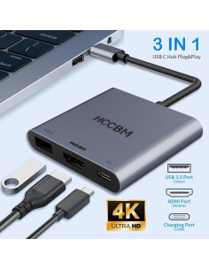 Adaptador USB C a HDMI 4K 100W PD y USB 3.0 - 3 en 1 2
