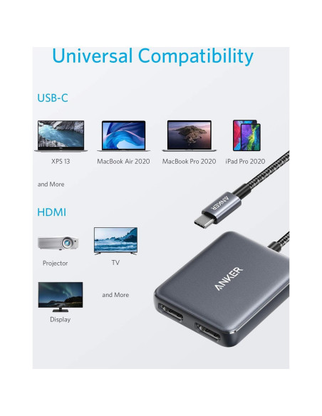Adaptador USB C a Doble HDMI Anker A8324, 4K@60Hz, Compacto