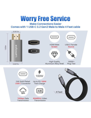Adaptador USB C a HDMI 4K Lamroyce con Cable 1.22m