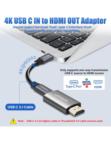 Adaptador USB C a HDMI 4K Lamroyce con Cable 1.22m