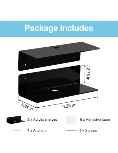 Estante Flotante de Acrílico Luium 22.86x9x6 cm Negro - Juego de 2