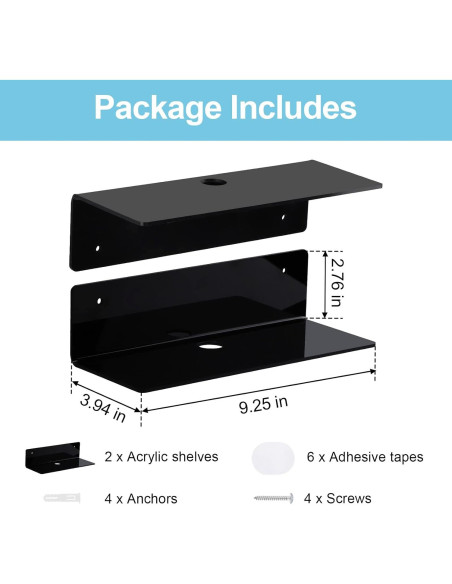 Estante Flotante de Acrílico Luium 22.86x9x6 cm Negro - Juego de 2