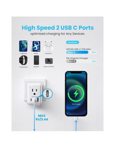 Adaptador de Viaje Universal VINTAR 5 en 1 con 3 USB 17W