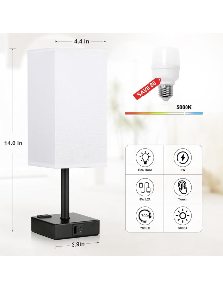 Lámpara de Mesa Táctil Aooshine Blanca con USB y Bombilla E26