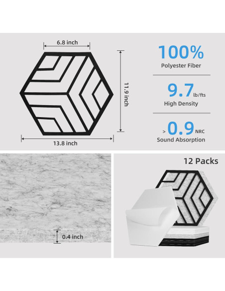 Paquete de 12 Paneles Acústicos Hexagonales Autoadhesivos 35.6x30.5cm