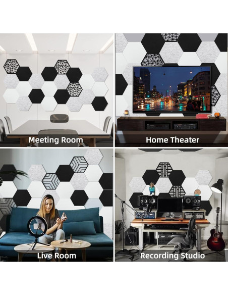 Paquete de 12 Paneles Acústicos Hexagonales Autoadhesivos 35.6x30.5cm
