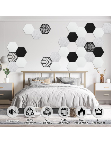 Paquete de 12 Paneles Acústicos Hexagonales Autoadhesivos 35.6x30.5cm