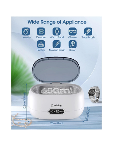 Limpiador Ultrasónico de Joyería Adiding 650mL 5 Modos Azul