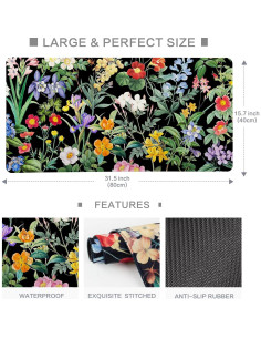 Alfombrilla de escritorio floral negra Lokigo 80x40cm XXL 2