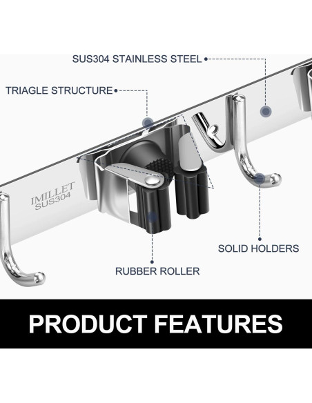Soporte de Escoba y Mopa IMILLET Acero Inoxidable 3 Estantes