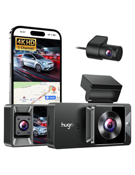 Cámara Dash Hugolog S7 3 Canales 4K+1080P, WiFi 5G, GPS