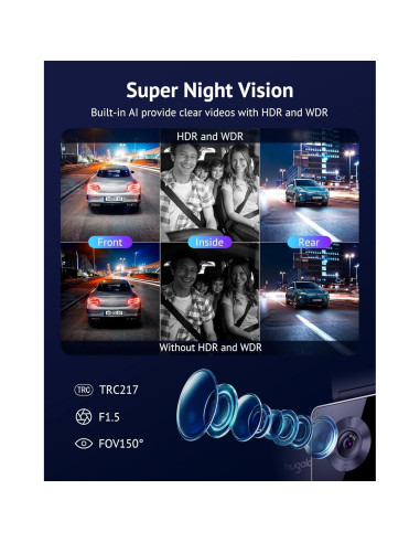 Cámara Dash Hugolog S7 3 Canales 4K+1080P, WiFi 5G, GPS