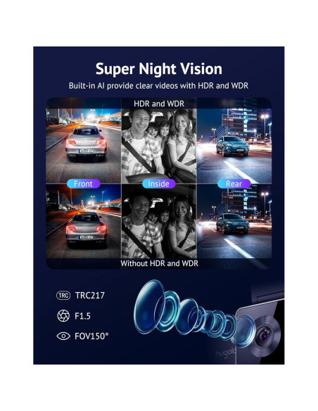 Cámara Dash Hugolog S7 3 Canales 4K+1080P, WiFi 5G, GPS