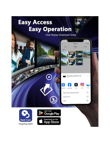 Cámara Dash Hugolog S7 3 Canales 4K+1080P, WiFi 5G, GPS