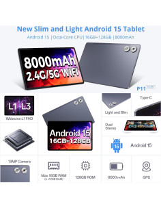 Tableta Android 15 Genérico 11" 16GB RAM 128GB Doble Cámara 2