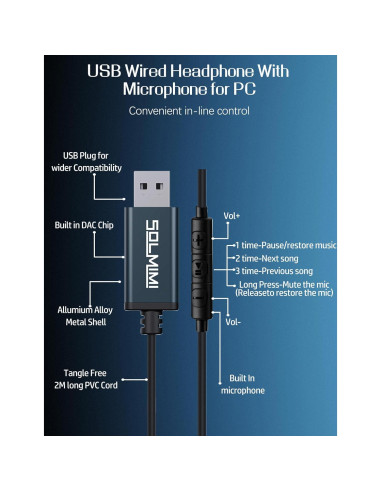 Auriculares USB con micrófono SOLMIMI 2m para PC y PS4/PS5