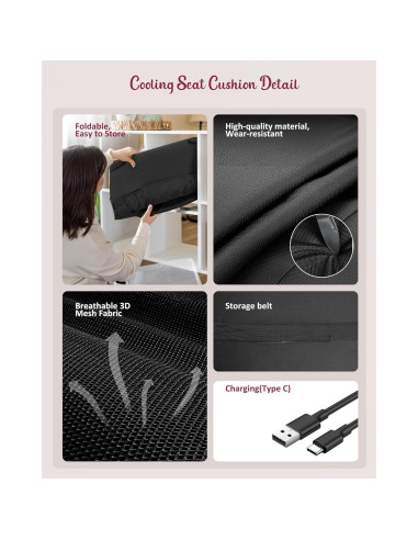 Funda de Asiento de Coche Refrigerante THERAZZAGGE USB 3 Velocidades