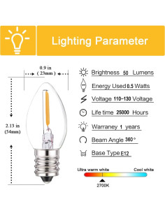 Bombillas LED C7 Genixgreen 25 Pzas E12 0.5W Luz Cálida 2
