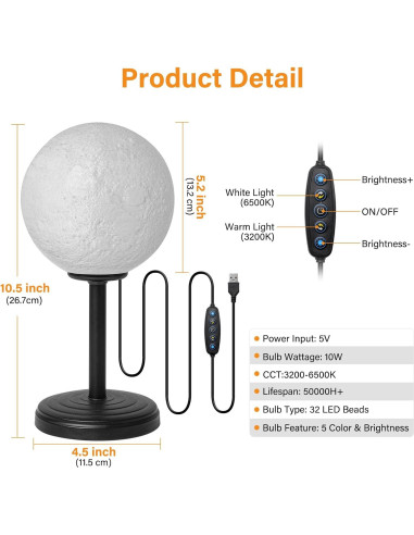 Lámpara de Luna 3D LED JIMIMORO Regulable 25 Modos 16 cm