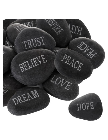 12 Piedras de Río Pulidas con Palabras Inspiradoras - Negro