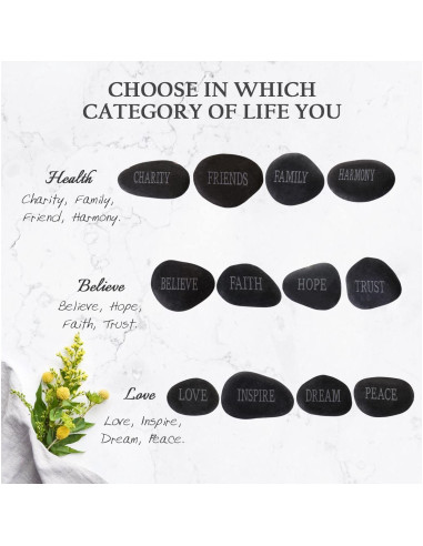 12 Piedras de Río Pulidas con Palabras Inspiradoras - Negro