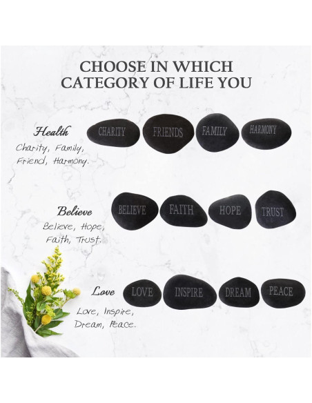 12 Piedras de Río Pulidas con Palabras Inspiradoras - Negro