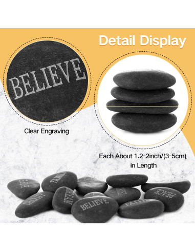 12 Piedras de Río Pulidas con Palabras Inspiradoras - Negro