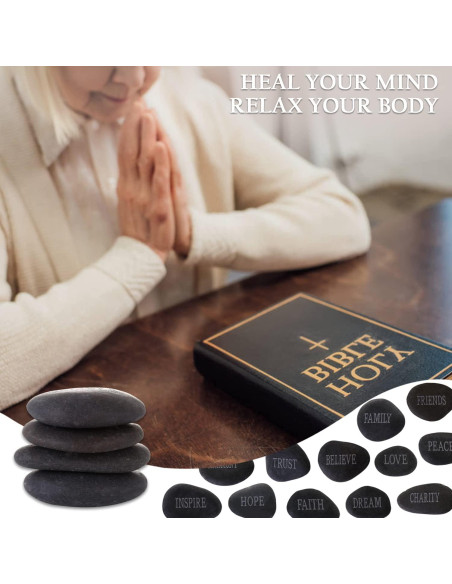 12 Piedras de Río Pulidas con Palabras Inspiradoras - Negro