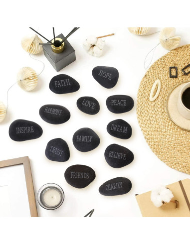 12 Piedras de Río Pulidas con Palabras Inspiradoras - Negro