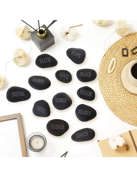 12 Piedras de Río Pulidas con Palabras Inspiradoras - Negro