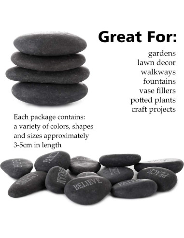 12 Piedras de Río Pulidas con Palabras Inspiradoras - Negro