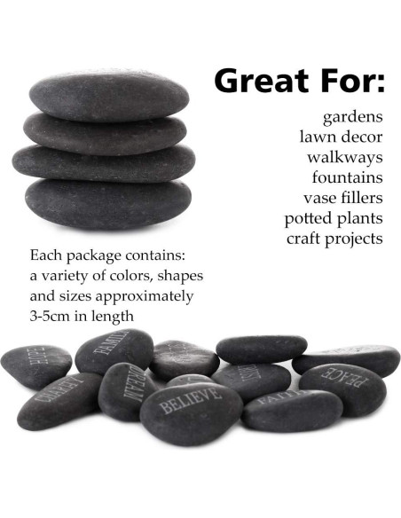 12 Piedras de Río Pulidas con Palabras Inspiradoras - Negro