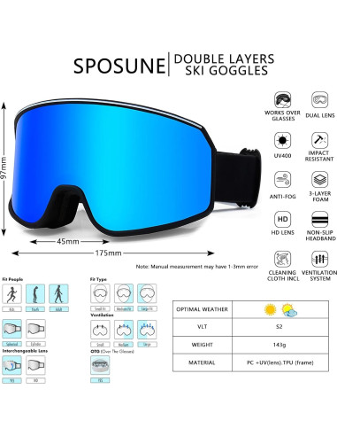 Gafas de Esquí SPOSUNE Doble Lente UV400 Antivaho Unisex