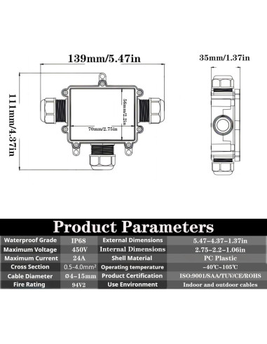 Caja de Conexiones Impermeable SZFUDIGO T de 3 Vías IP68