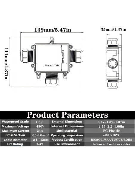 Caja de Conexiones Impermeable SZFUDIGO T de 3 Vías IP68
