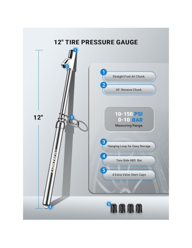 Medidor de Presión de Neumáticos LUMITECO Doble Cabeza 10-150 PSI