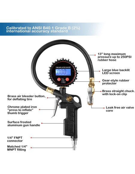 Medidor Digital de Inflador de Neumáticos CZC AUTO 250 PSI
