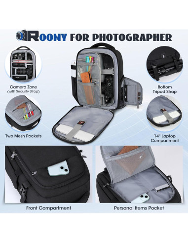 Mochila para cámara RAINSMORE Mediana Negra con protección impermeable