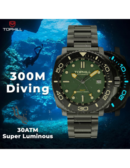 Reloj Automático GMT TOPHILL TL027G Buceo 300M Acero Inoxidable