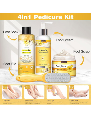 Set de Pedicura LUCOTIYA 4 en 1: Sales, Crema, Lima y Exfoliante