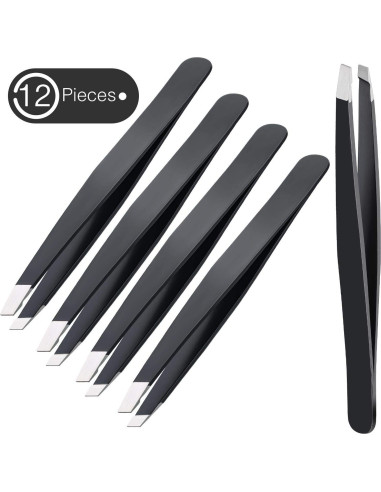 Juego de 12 Pinzas para Cejas Mudder de Acero Inoxidable Negro
