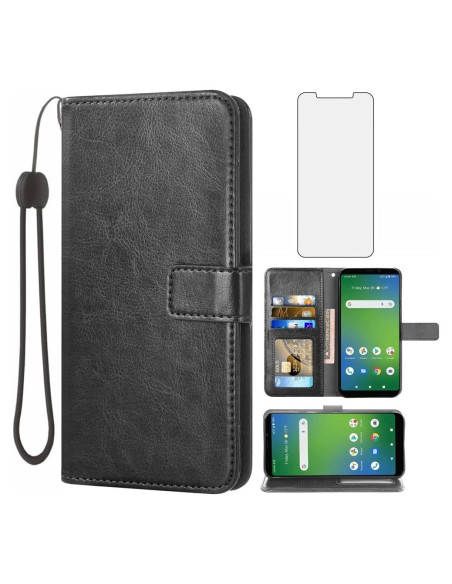 Funda de Cartera Asuwish para Cricket Vision Plus Negro con Protector