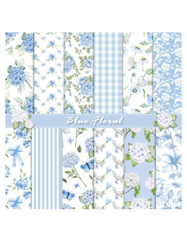 24 Hojas Papel Patrón Floral Azul Sorkwo 30.48x30.48cm