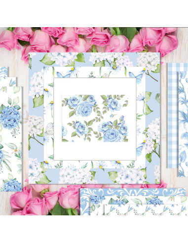 24 Hojas Papel Patrón Floral Azul Sorkwo 30.48x30.48cm