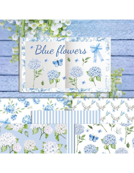 24 Hojas Papel Patrón Floral Azul Sorkwo 30.48x30.48cm