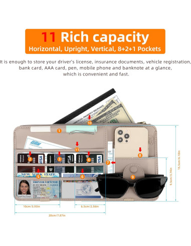 Organizador de Visera Solar XROZRK para Autos y SUVs - Khaki Claro