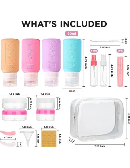 Botellas de Viaje YAMYONE 17 Pack Rosa 90ml Aprobadas por TSA