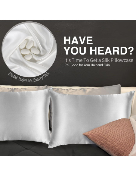 Funda de Almohada de Seda Morera J JIMOO Rey 50x90 cm Gris